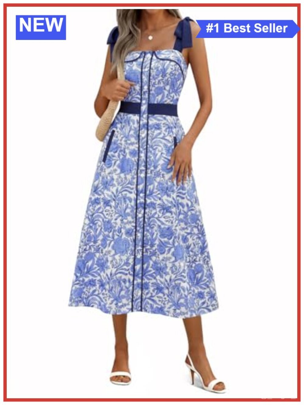 Womens Floral Midi Dress Tie Strap Boho Sundress with Pockets